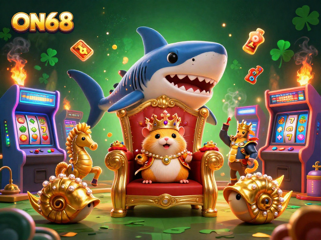 Experience the thrill of gaming at ON68, featuring the vibrant 3D king hamster and arcade elements.