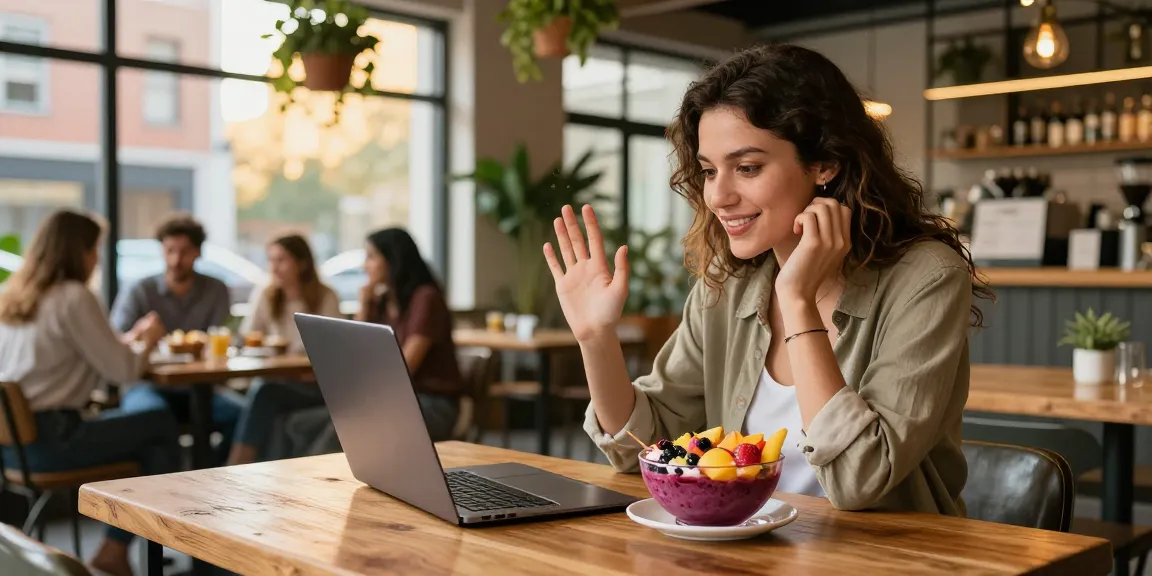 Youthful woman enjoying a smoothie bowl while discussing Motchill in a modern café.