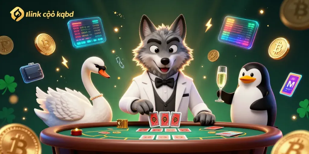 Engage with link vào kqbd in an ultra-detailed casino scene featuring cartoon characters at a baccarat table.