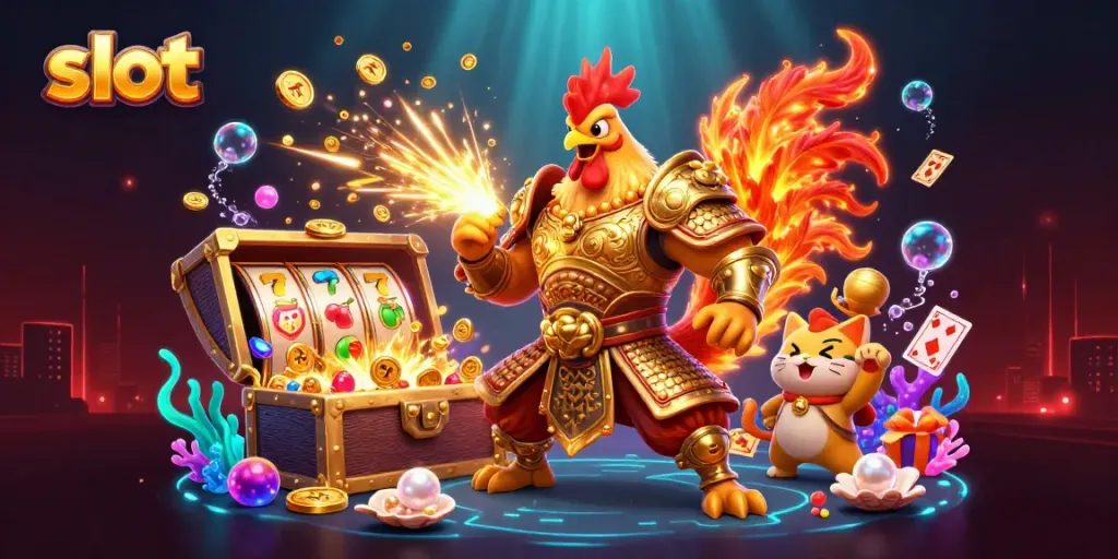 Engage in thrilling slot action with vibrant illustrations of warriors, dragons, and treasure.