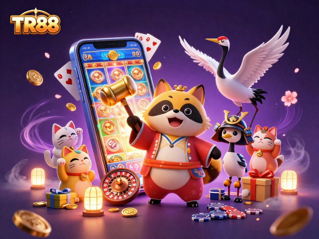 Experience vibrant gaming action with TR88’s cheerful tanuki, samurai crane, and lucky fortune cats amidst dynamic casino elements.
