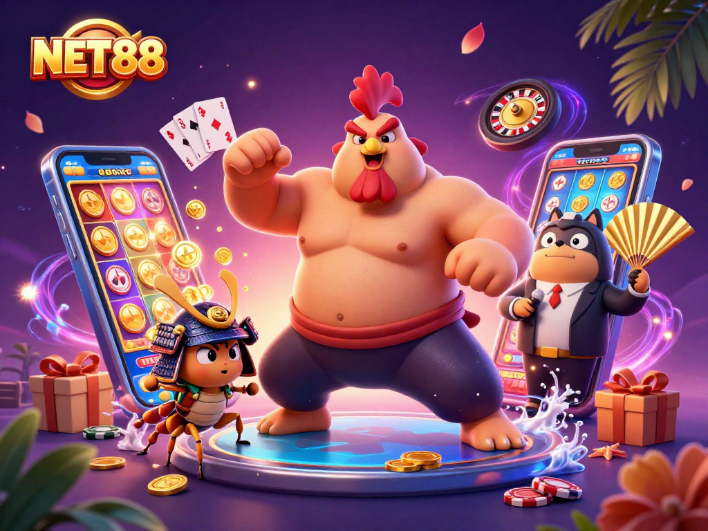 Experience high-stakes entertainment with NET88's engaging casino scene filled with vibrant characters.