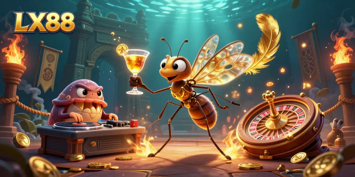 Experience thrilling gameplay with LX88 as a frozen mosquito mascot and trilobite DJ showcase in a vibrant casino scene.