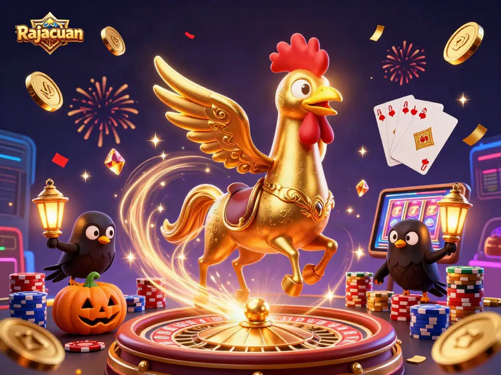 Experience the thrill of Rajacuan with a lively casino scene featuring golden rooster and crow characters.