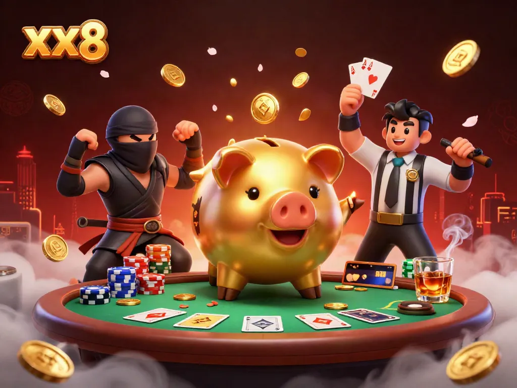 Experience the vibrant excitement of xx8 with action-packed casino elements and colorful characters.