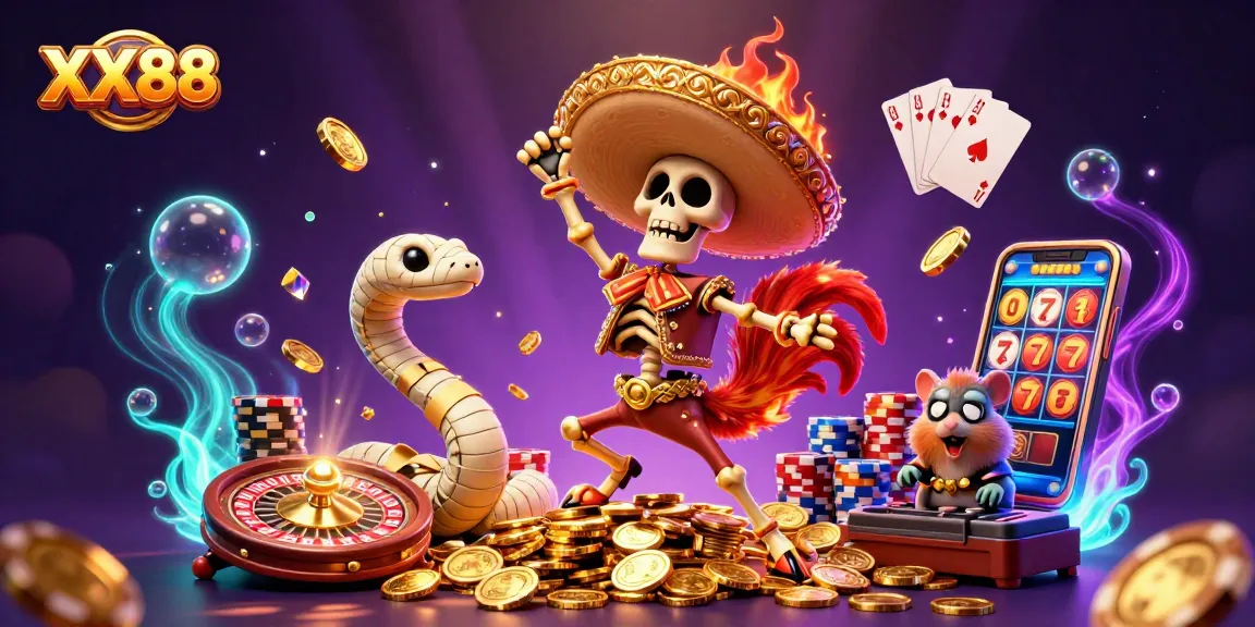 Experience thrilling wins with XX88's animated casino showdown featuring vibrant characters and sparkling treasure.