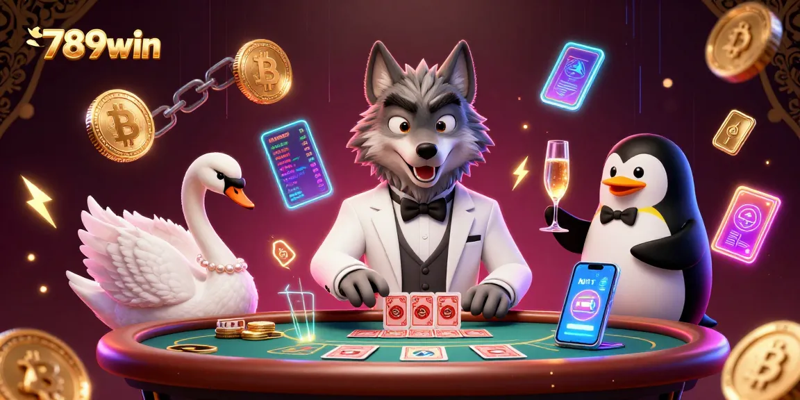Engage in thrilling baccarat at 789win with vibrant characters and crypto elements.