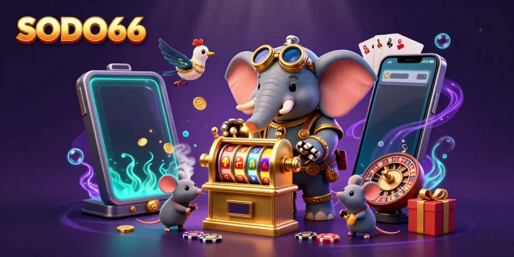 Experience thrilling gaming at SODO66 with a vibrant 3D casino scene showcasing unique characters and slot games.