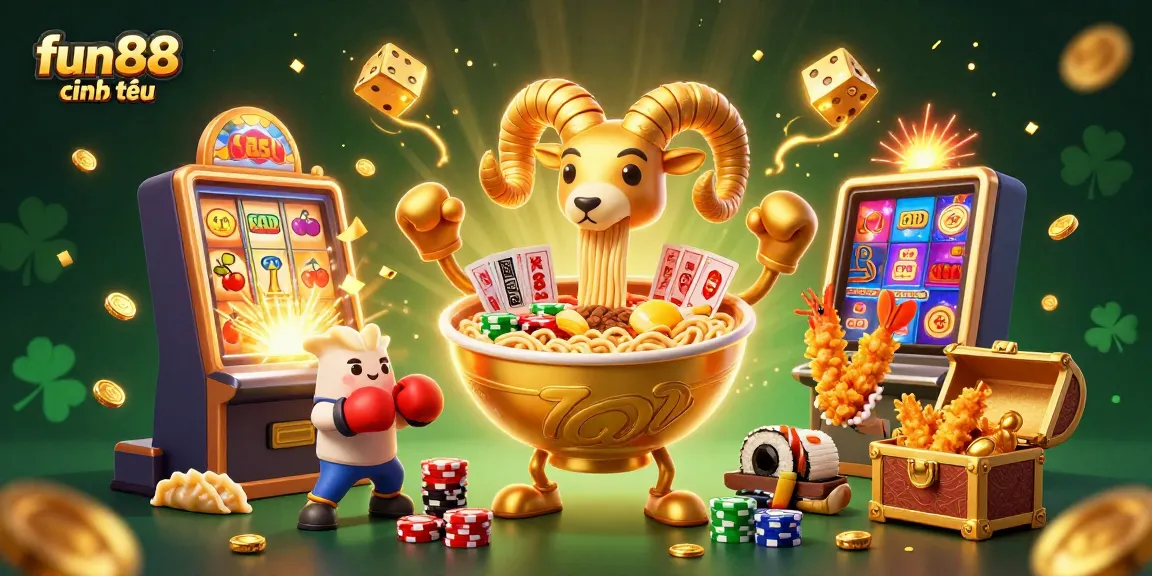 Engaging fun88 chính thức scene with a giant golden ramen bowl character amid vibrant casino elements and celebrations.