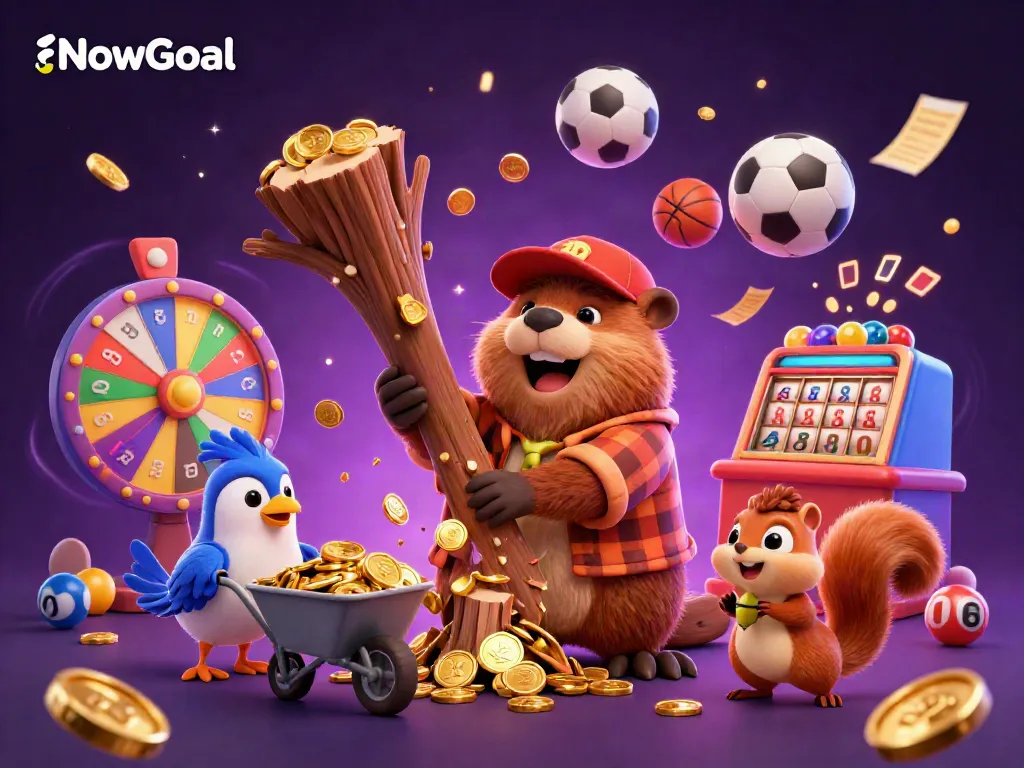 Witness the lively NowGoal sports betting scene with characters collecting coins amidst a flurry of sports elements.