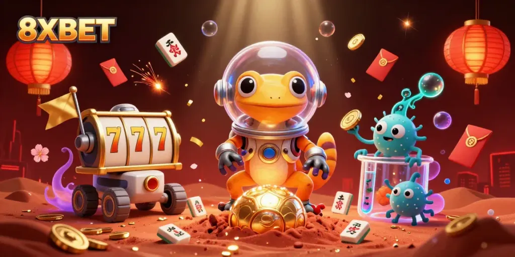 Experience thrilling winning moments at 8XBET as a Martian gecko discovers a hidden golden casino.