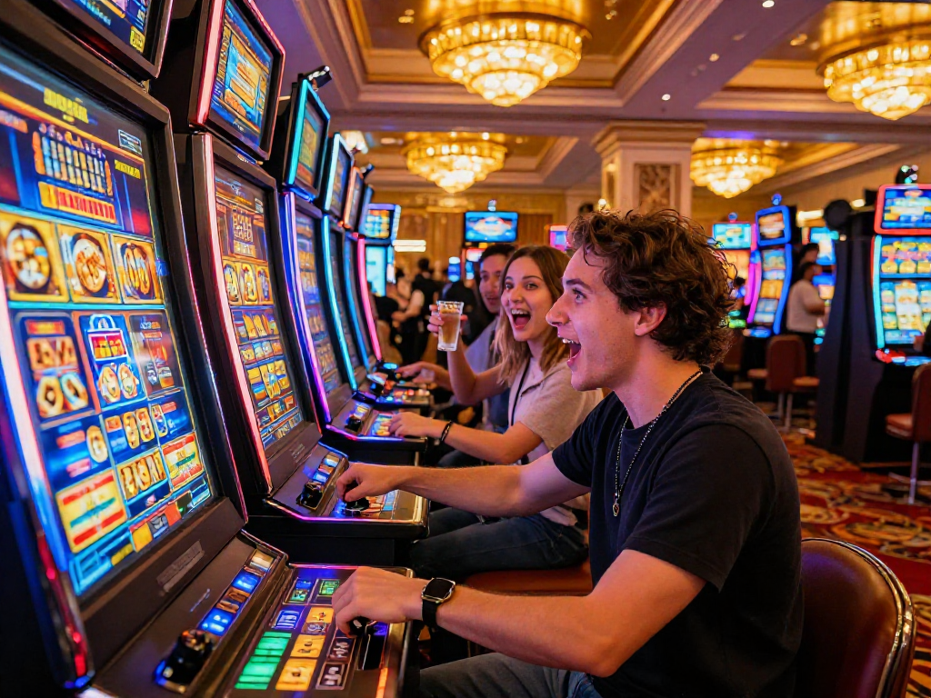 Excited player celebrating a slot jackpot win in a lively casino atmosphere with glowing machines and cheering friends.