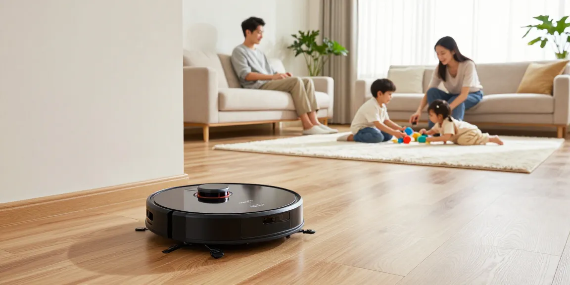 Roborock 2026 robot vacuum cleaning a modern living room, showcasing advanced technology and family-friendly design.