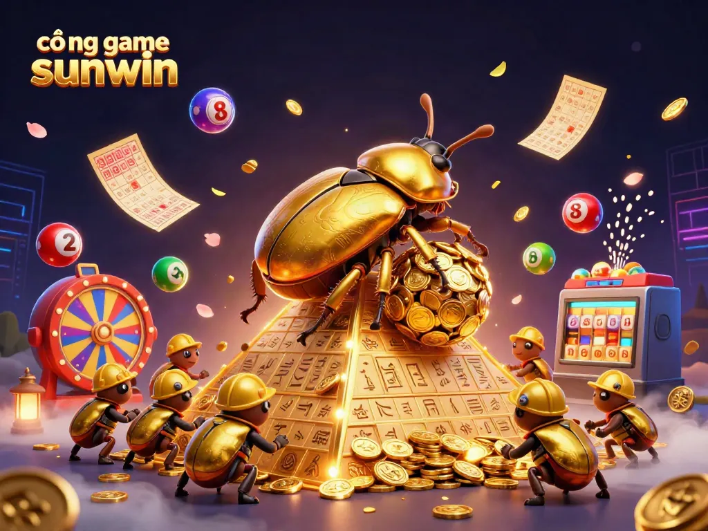 Experience the excitement of cổng game sunwin with a golden beetle and dynamic casino elements in a vibrant scene.