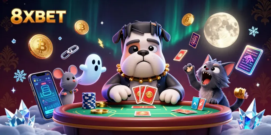 Join the fun at 8XBET's haunted casino with a unique card-dealing dog and ghostly assistant.