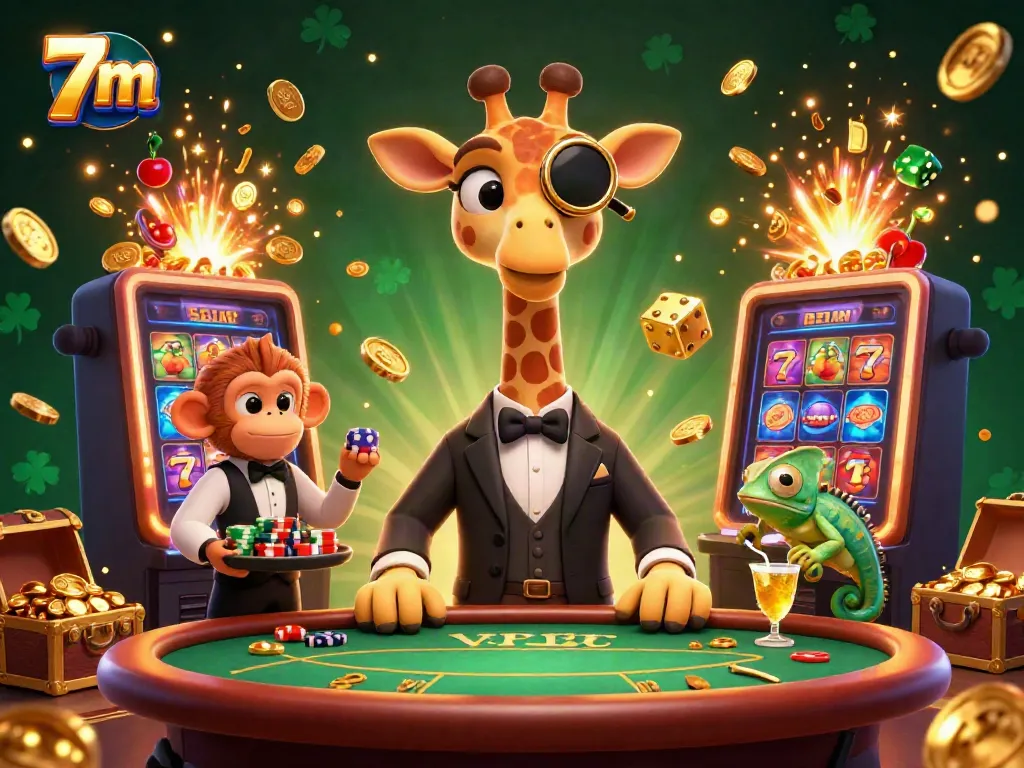 Bet on excitement with 7m's vibrant 3D casino scene featuring high-roller giraffe, monkey valet, and chameleon bartender.
