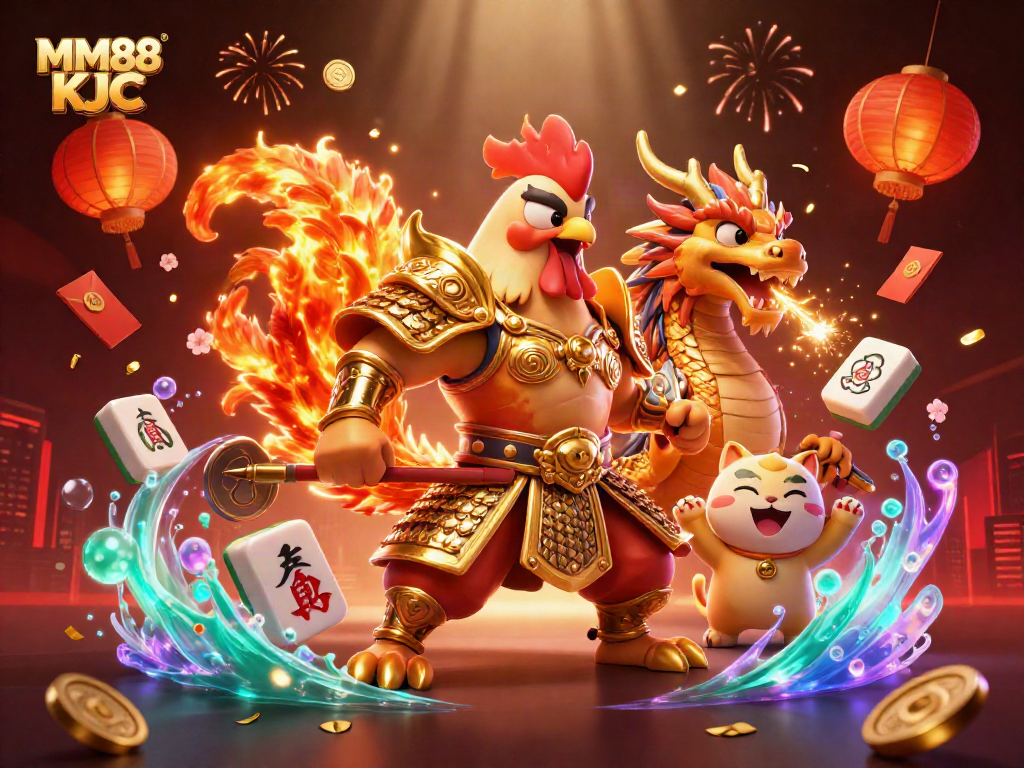 Cheer on MM88 KJC's powerful rooster warrior in this vibrant casino-themed 3D scene!
