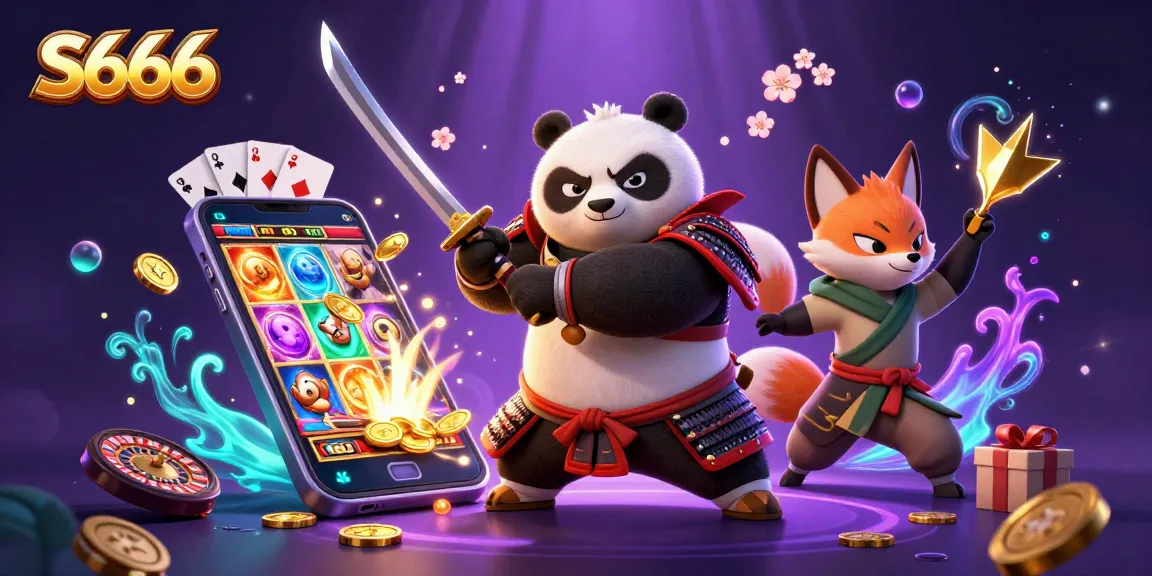 S666 gaming action with samurai panda, ninja fox, and magical tanuki in a vibrant casino landscape