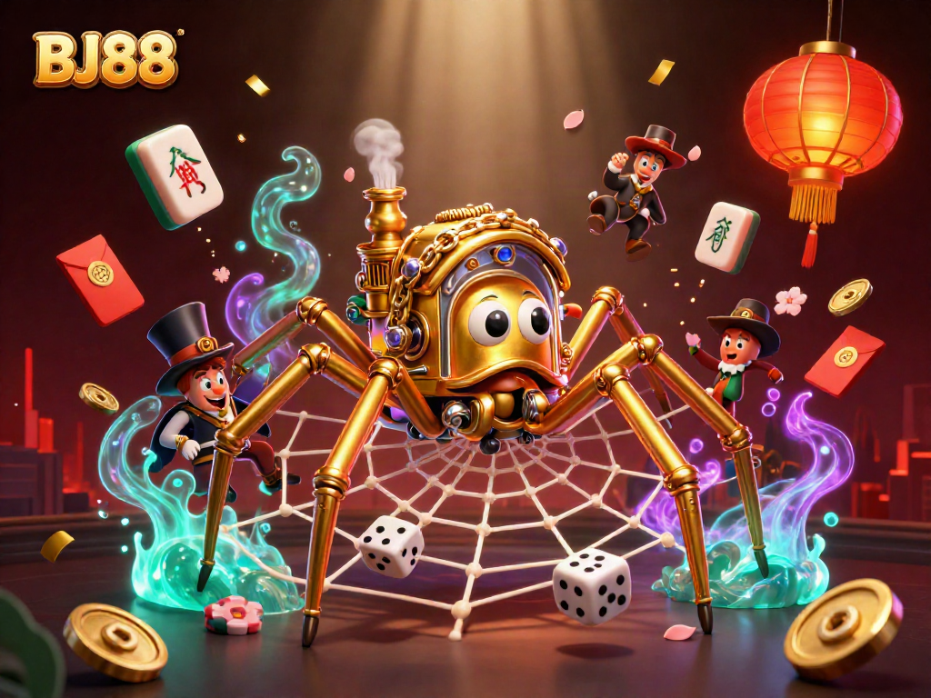 BJ88 captivates with a steampunk spider weaving a golden web of luck and chance in this vibrant digital scene.