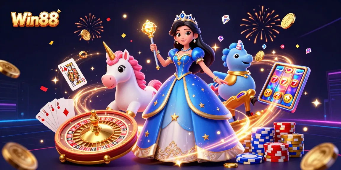 Win88 rewards players with a magical gaming atmosphere featuring sparkling gems and casino elements.