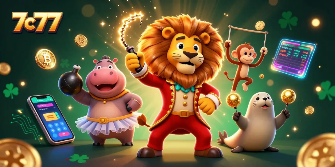 Engage with 7c777's vibrant casino scene featuring cartoon characters and cryptocurrency elements.