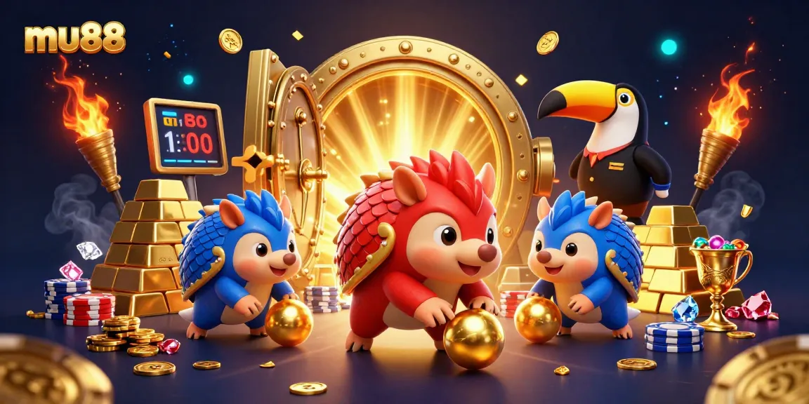 Exciting mu88 scene with rival pangolins bowling through poker chips as treasures burst forth.