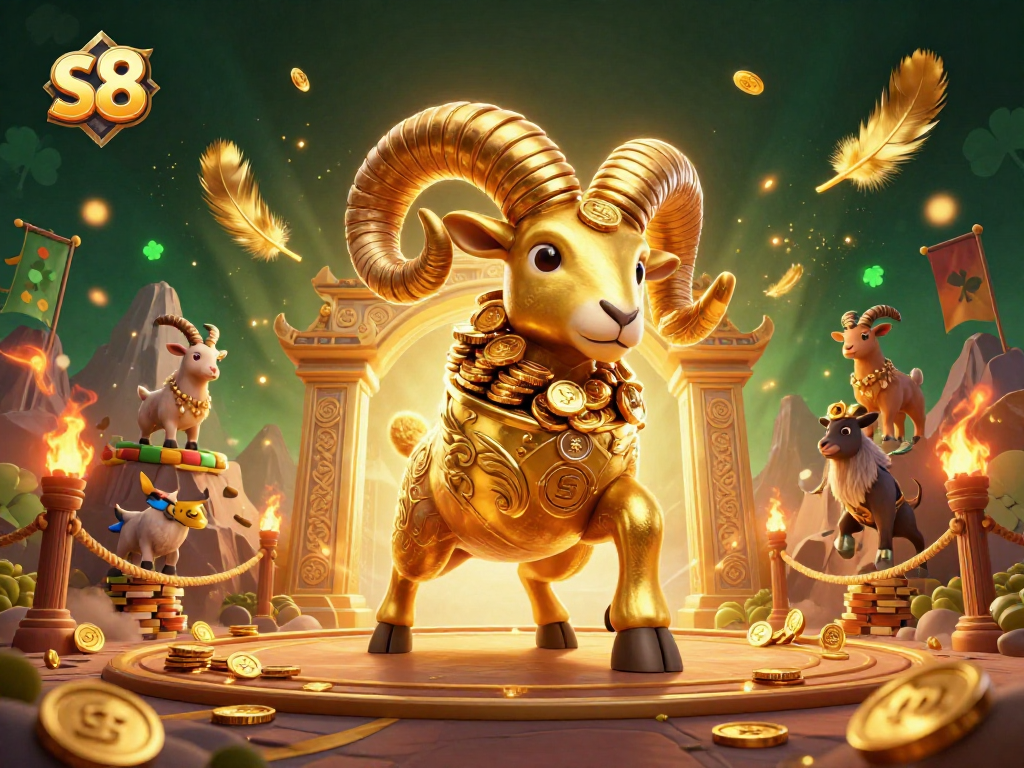 Experience thrilling gameplay with s8 in a dynamic 3D illustration featuring a golden ram and lively gambling elements.
