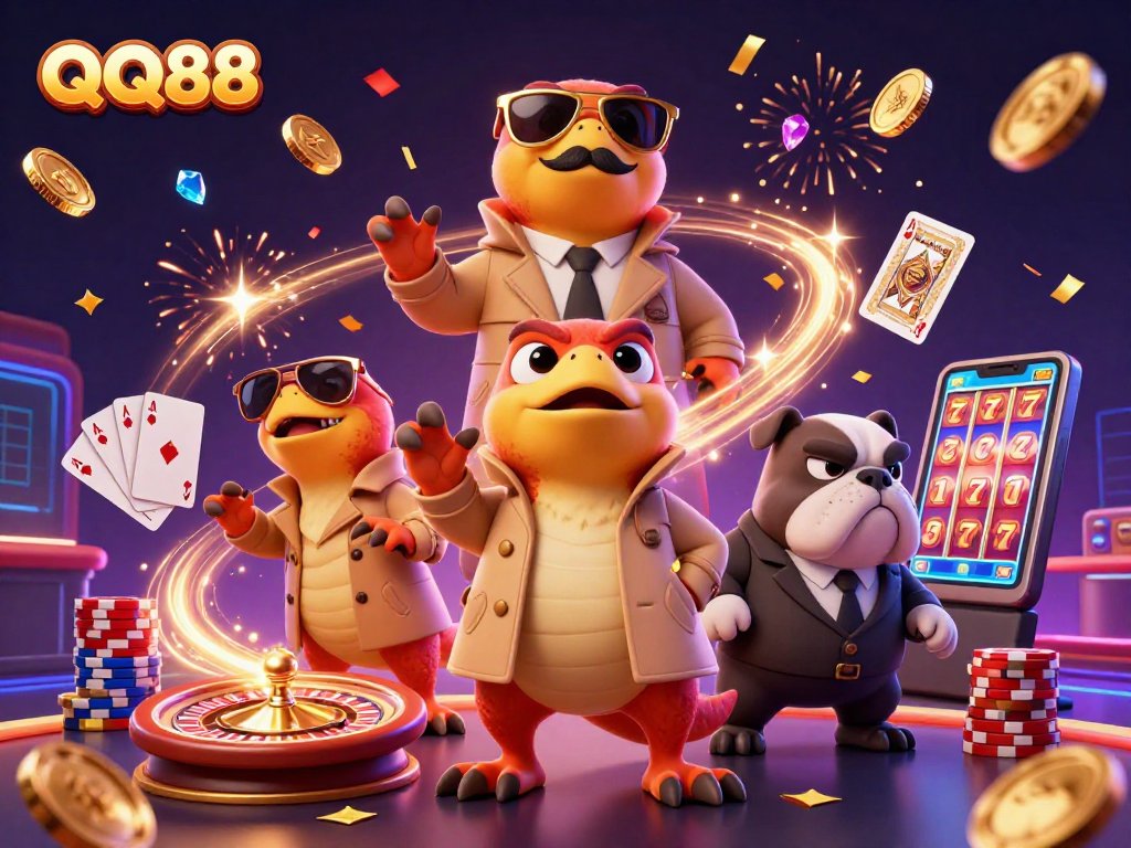 Experience thrilling casino action at QQ88 with raptors and a bouncer in a dynamic 3D scene.