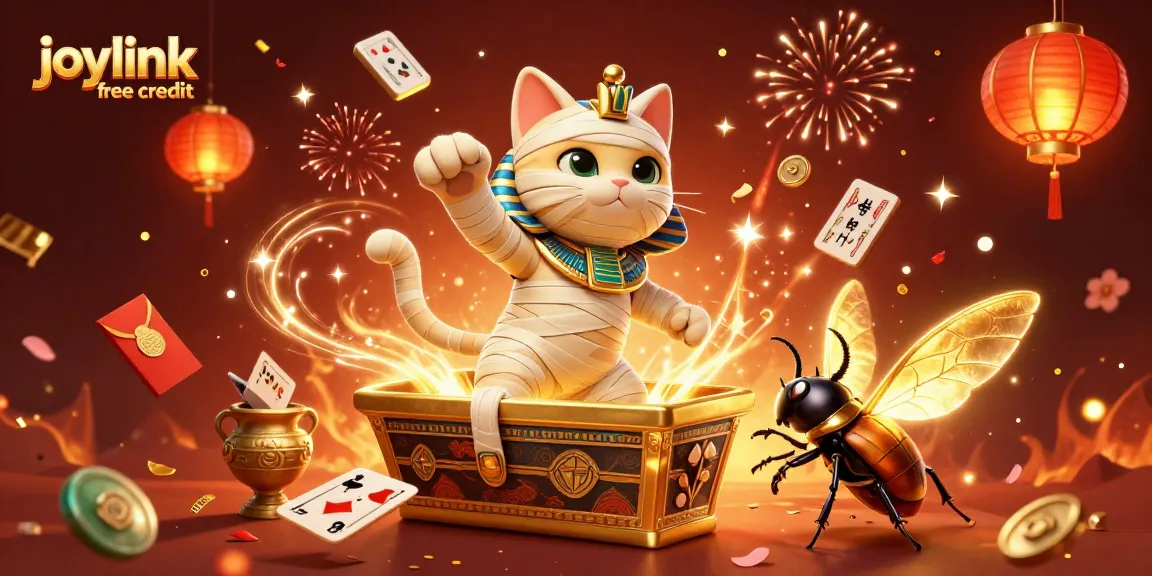 Experience joylink free credit with vibrant 3D Egyptian-themed casino illustration featuring lively characters and elements.
