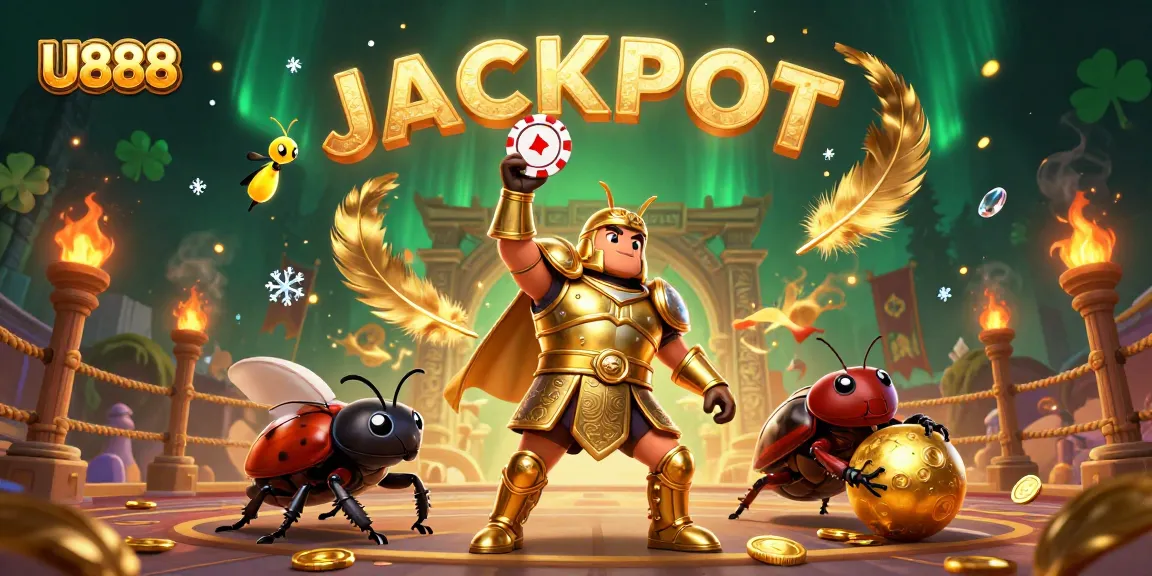 Engaging U888 scene with a beetle hero lifting a poker chip in a dynamic casino setting