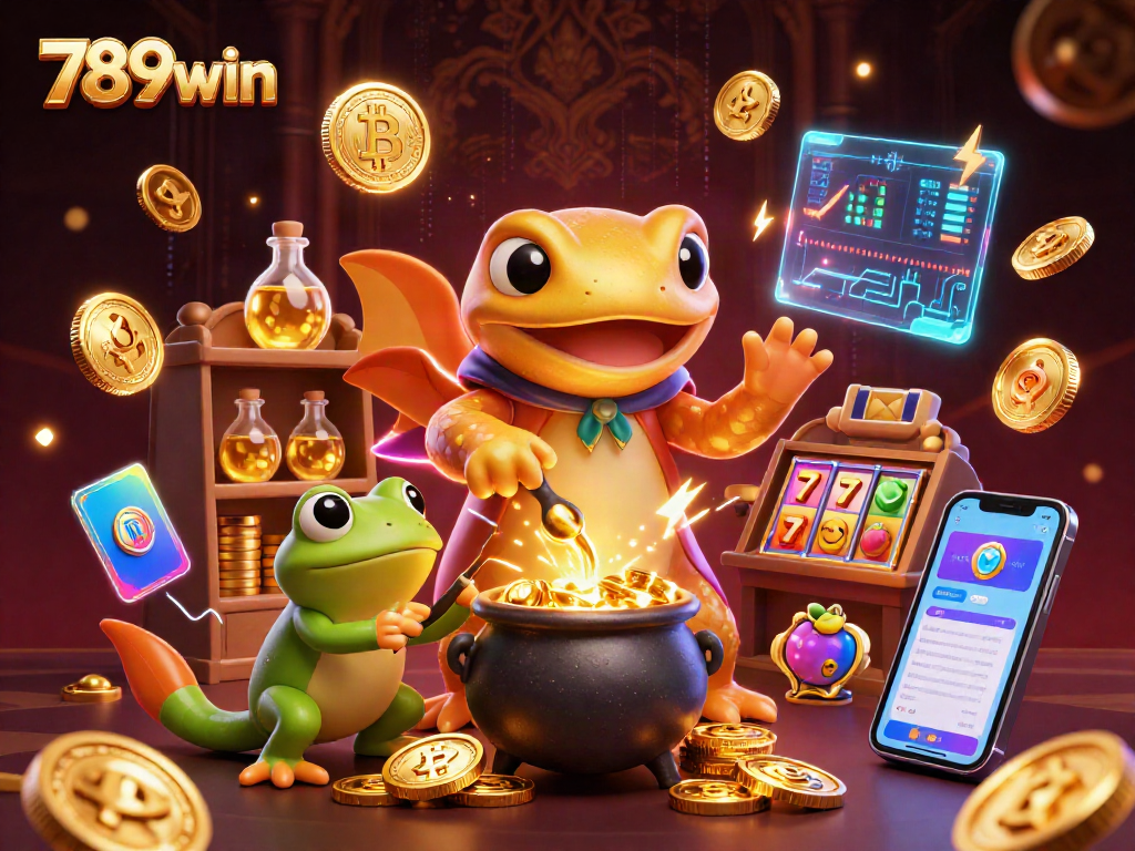 Spin to win with 789win's golden alchemist and crypto coins in a vibrant casino scene.
