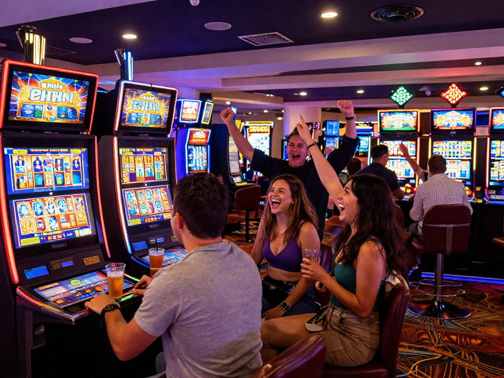 Exciting casino scene with friends celebrating a slot jackpot win, vibrant atmosphere.