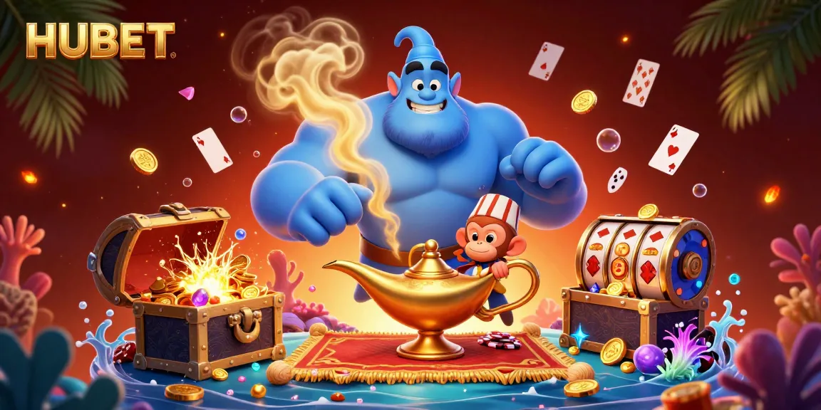 Experience thrilling HUBET gameplay with a vibrant 3D casino scene featuring a genie and poker elements.
