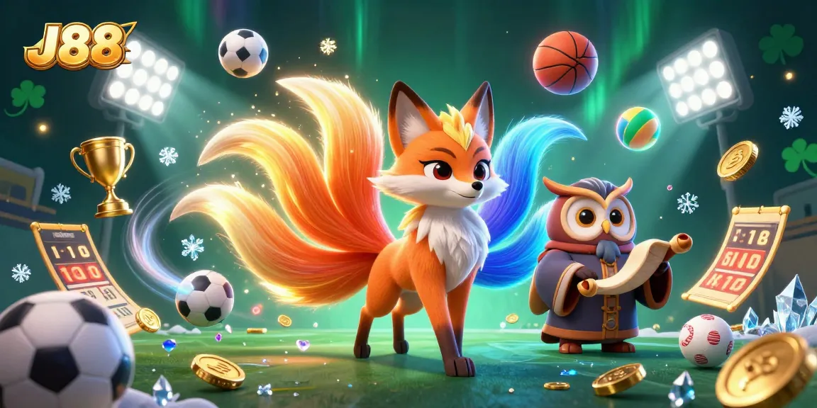 Experience thrilling action in J88 with dynamic sports elements and enchanting characters in a lively casino scene.