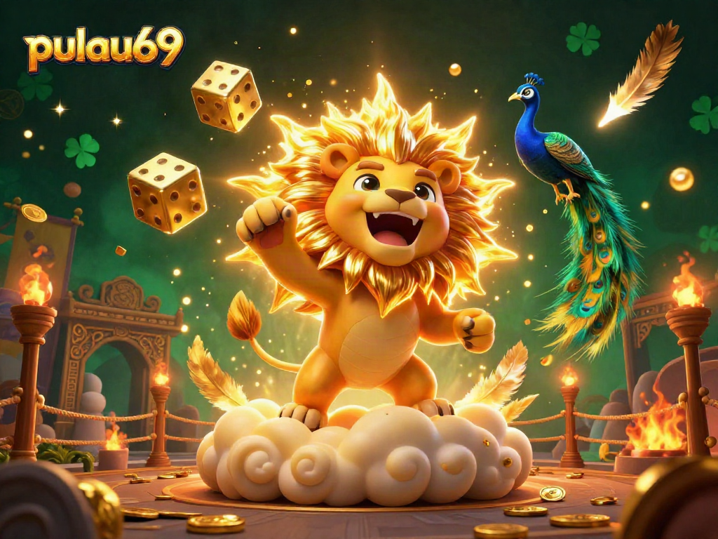 Engage in thrilling gameplay at pulau69 with golden dice and a roaring sun lion in a vibrant casino scene.