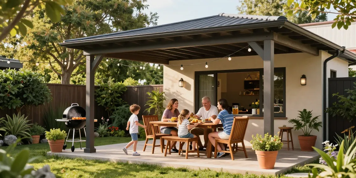 Moderne freistehende Terrassenüberdachung in einem einladenden Garten, perfekt für Familienfeiern.