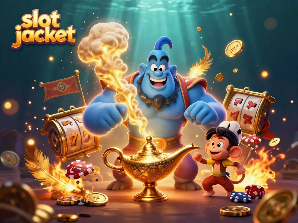 Experience the excitement of a slot jackpot with a genie and poker-themed fantasy scene.