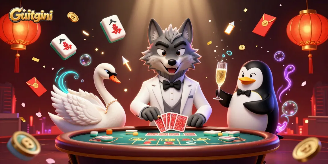 Experience seamless gambling with Guitgini as a debonair wolf plays baccarat under festive decorations.