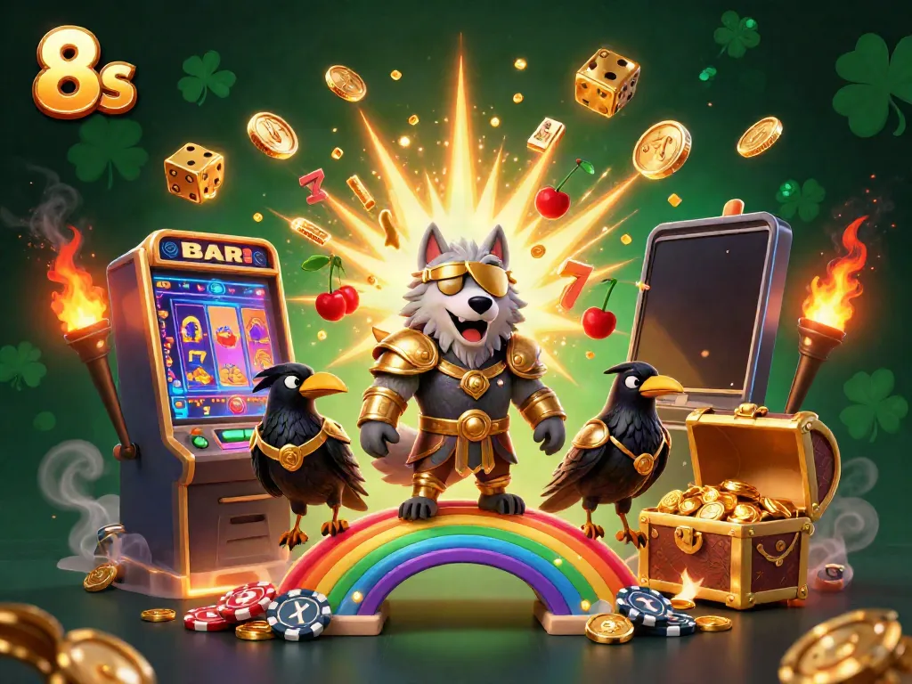 Engage with 8s through this vibrant 3D casino scene featuring Norse mythology-inspired characters and slot machine elements.