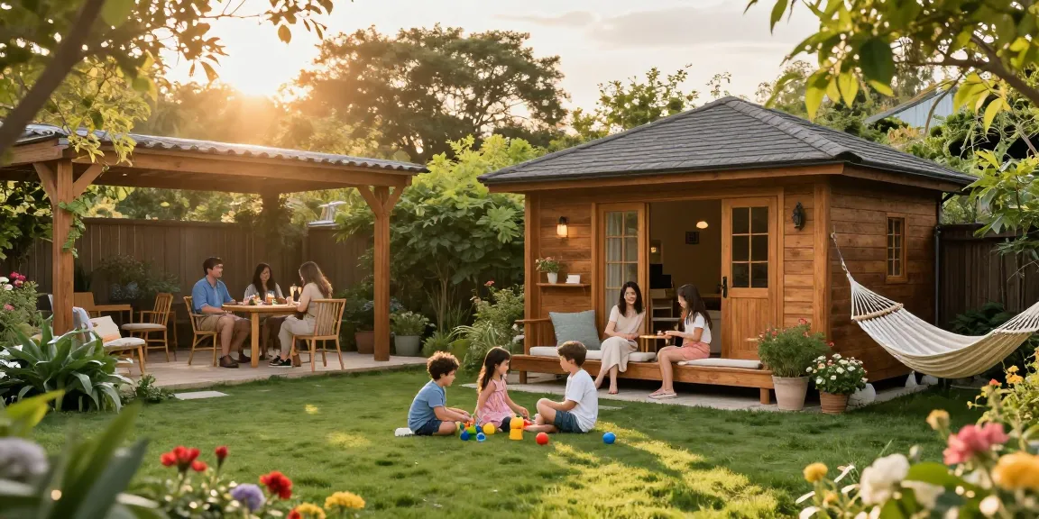 Gemütliches Gartenhaus im Garten mit Familie, spielenden Kindern und Terrasse.
