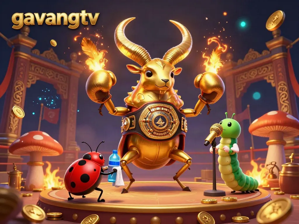 Experience the action with gavangtv in a vibrant 3D boxing scene featuring a golden stag beetle and ladybug corner-man.
