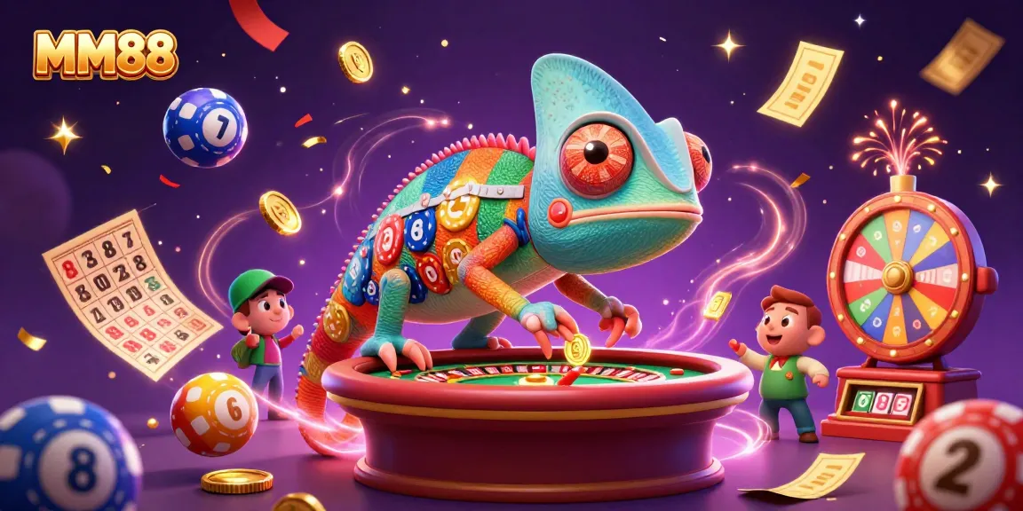 Play exciting games at MM88 with colorful lottery elements and a vibrant casino scene.