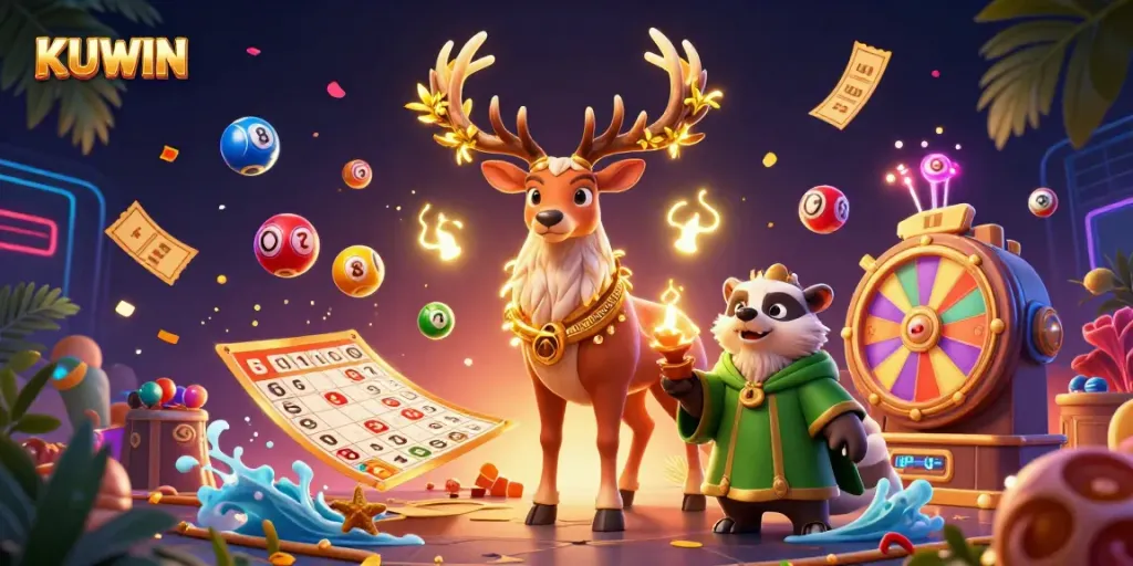 Kuwin players engage in vibrant lottery action with colorful elements in a magical casino scene.