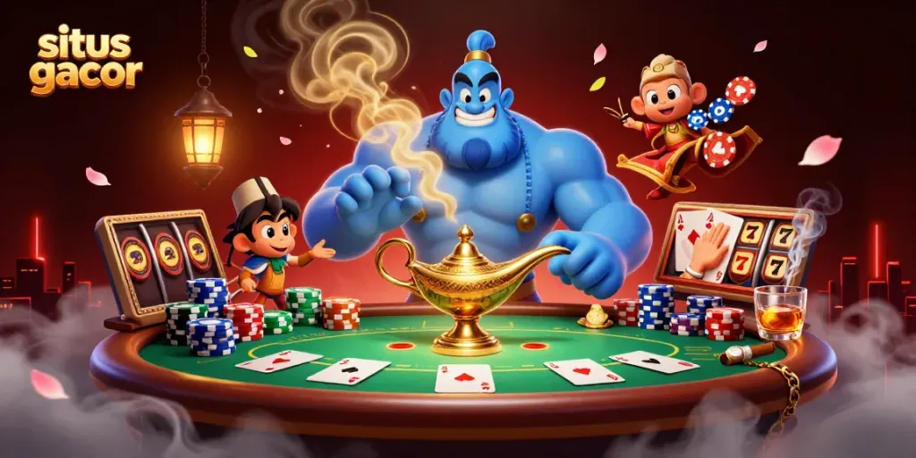 Experience the thrill of situs gacor with a dynamic 3D illustration of a genie, monkey, and poker elements in an exciting casino environment.