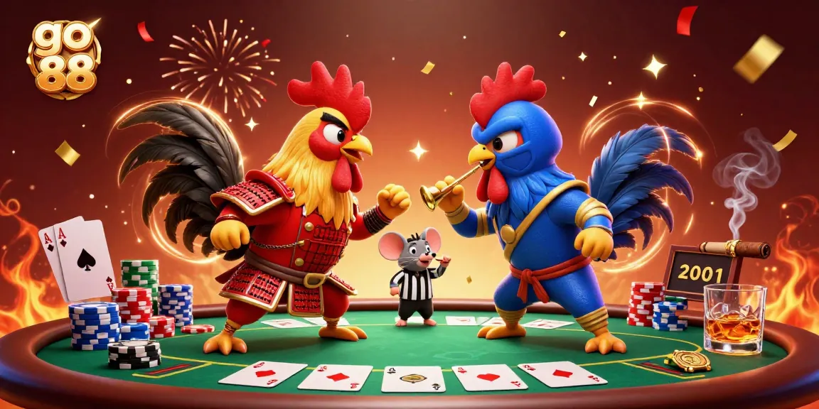 Engage with go 88 in this vibrant scene of fighting roosters, poker elements, and festive confetti.