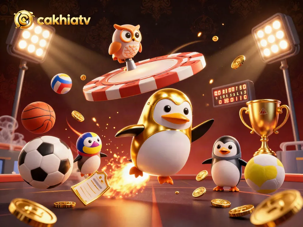 Cakhiatv: Experience thrilling live sports betting with a dynamic golden penguin illustration.