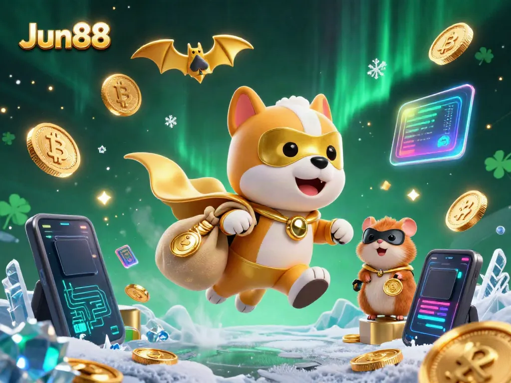 Win big at Jun88 with a superhero dog soaring through a vibrant 3D casino scene filled with gold coins and crypto elements.