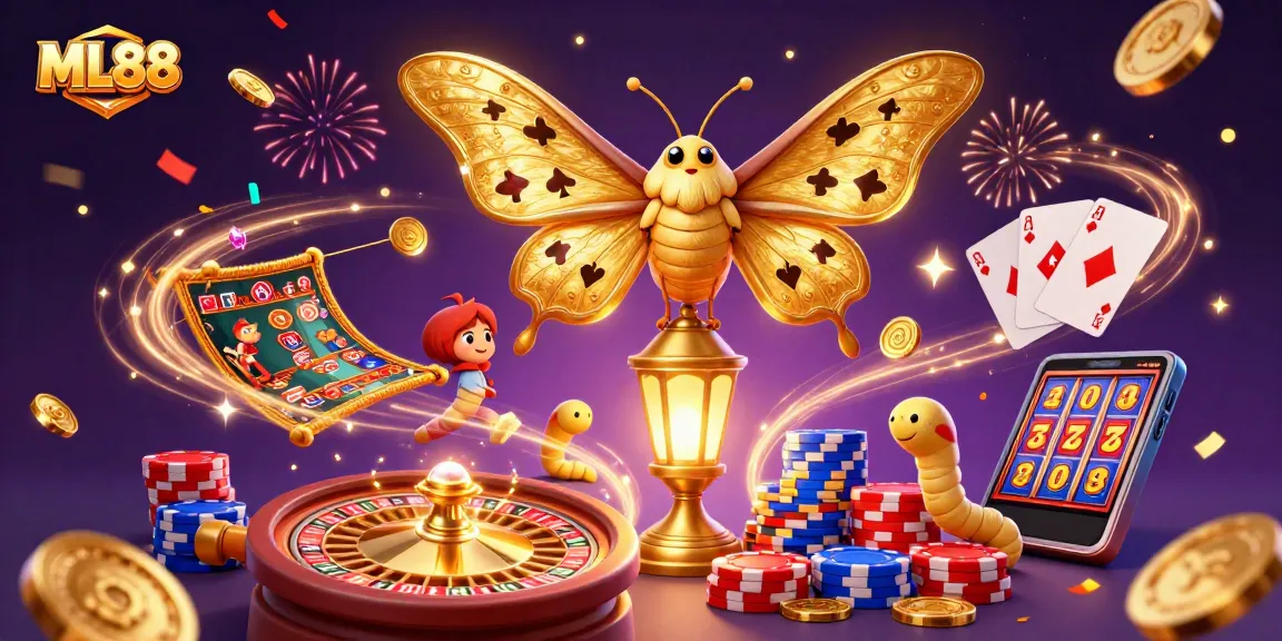 Experience the magic of ML88 with a vibrant casino-themed scene featuring golden moths and casino riches.