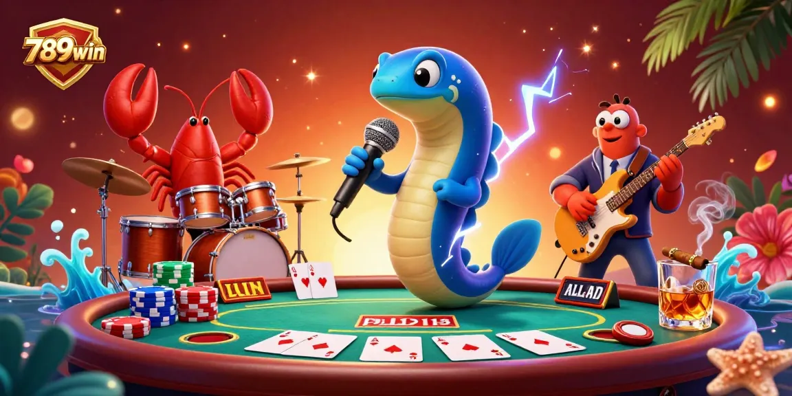 Engage with 789win's dynamic underwater casino scene featuring a DJ eel and band showcasing excitement.