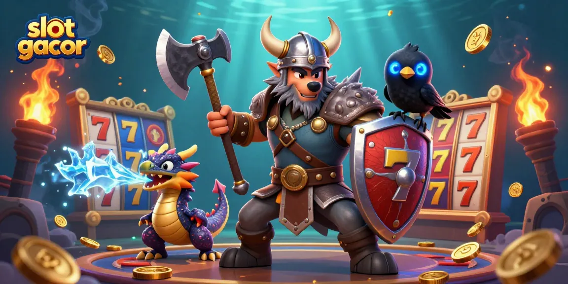 Slot gacor depicts a Viking wolf warrior, fierce dragon, and raven in a vibrant casino scene, featuring colorful slot reels.
